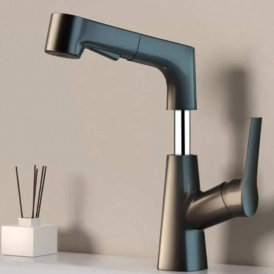 Grifo de lavabo de baño con rociadoríble, latón, monomando, rotativo, agua caliente y fría, 2 modos, mezclador de lavabo,íble - Negro (Negro) - Gris - Ver 1