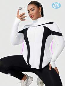 Conjunto deportivo de top con cuello con cremallera y contraste de color y leggings para mujer talla grande - Blanco y Negro - Ver 1
