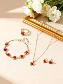 4pcs Crystal Jewelry Set Collection, Necklace, Bracelet, Ring, Earrings Set : Black Obsidian (Protection & Grounding), Green Aventurine (Luck & Abundance), Rose Quartz (Love & Harmony), Blue Lapis Lazuli (Wisdom & Truth), Moonstone (Intuition & New Beginnings), Red Garnet (Passion & Energy) For Women, Healing Stones Gift, Chakra Balancing, Positive Energy Jewelry - Apricot - View 5