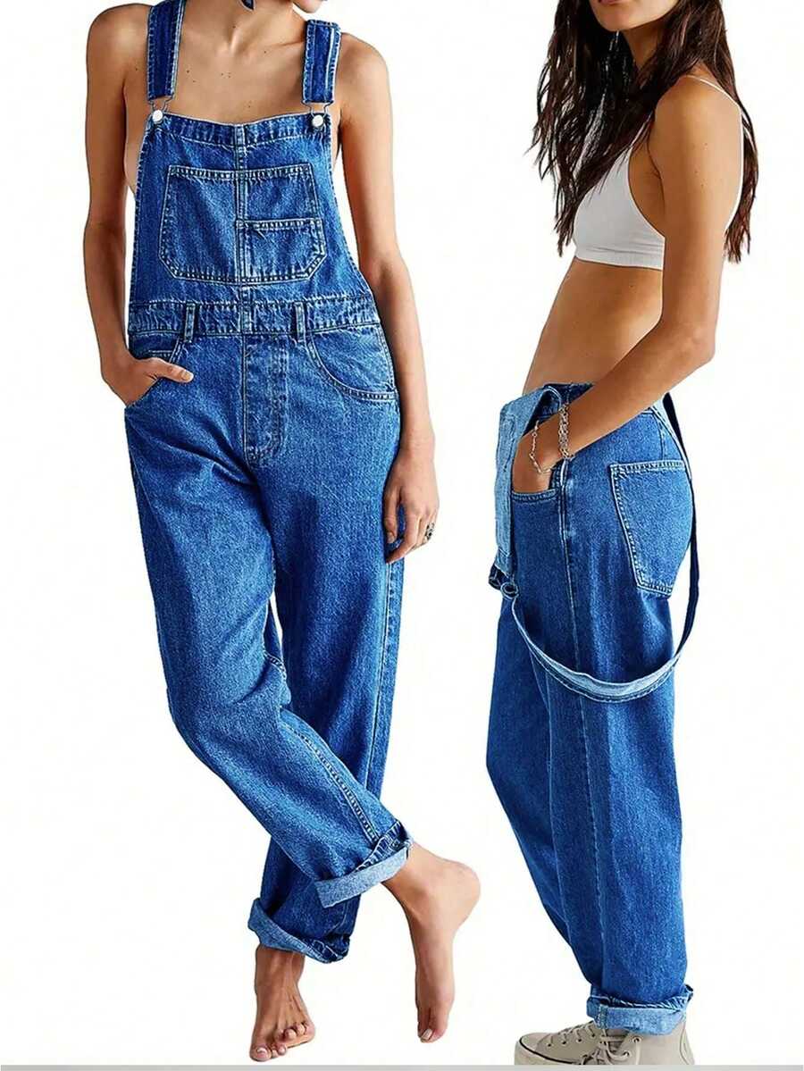 Solid Color Diagonal Pocket Overall Jumpsuit, Casual Adjustable Strap Sleeveless Cross Back Overall Jumpsuit - Dark Wash - View 1