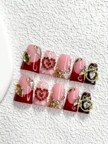 10pcs Red Premium Nail Sticker Set, French Manicure Set, Pinched Flower Nail Decor, Champagne Diamond, Heart, Wreath Nail Accessories, Red & Brown Gel Nail Kit, 3 Sizes Available: Almond, Duck Mouth, Coffin Nail, Includes Tool Kit, Suitable For Women And Girls, Suitable For Parties, Daily Wear Nails Nail Supplies - 彩色 - 查看 2