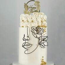 1 pieza/Set de 3 piezas Decoración para pastel de retrato de arte lineal de acrílico negro, adecuado para decoración de pasteles de cumpleaños, bodas y fiestas - Multicolor - Ver 6