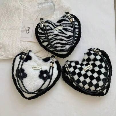 Plaid Fluffy Shoulder Bag, Fashionable Handbag, Woven Checkerboard Underarm Crossbody Bag For Women, Autumn/Winter