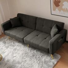 Convertible Sherpa Sofa Bed With Adjustable Backrest, Gold Metal Legs And Side Pockets - Dark Gray + Foam + 2 Seat - View 9