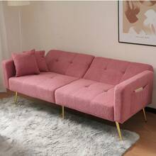 Convertible Sherpa Sofa Bed With Adjustable Backrest, Gold Metal Legs And Side Pockets - Pink + Foam + 2 Seat - View 7
