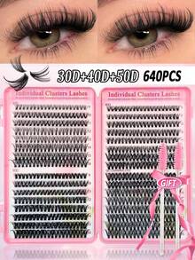 Asiteo 540/570/590/640 Pieces Cluster False Eyelashes, High Capacity, 30D+40D+50D D-Curl, 9-16mm Length, Natural & Thick, Lightweight & Soft, Reusable. This Eyelash Extension Kit Includes Makeup Tools And 2 Eyelash Brushes, Suitable For Beginners To Use At Home Or On The Go, Applicable For Daily Life, Weddings, Parties, Music Festivals, Mother's Day And Other Occasions. - D - 查看 1