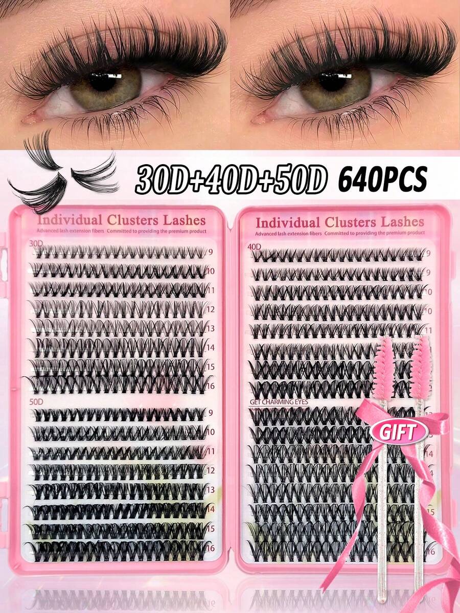 Asiteo 540/570/590/640 Pieces Cluster False Eyelashes, High Capacity, 30D+40D+50D D-Curl, 9-16mm Length, Natural & Thick, Lightweight & Soft, Reusable. This Eyelash Extension Kit Includes Makeup Tools And 2 Eyelash Brushes, Suitable For Beginners To Use At Home Or On The Go, Applicable For Daily Life, Weddings, Parties, Music Festivals, Mother's Day And Other Occasions. - D - 查看 1