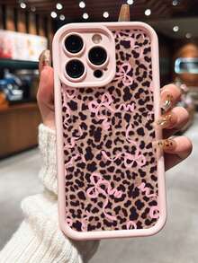 Cute Pink Bow & Leopard Print Matte Anti-Drop Phone Case Compatible With IPhone 11, 12, 13, 14, 15, 16, 13 Pro Max, 16 Plus, XR, 7, 8 Plus, 17 Pro Max, AIR - Pink - View 3