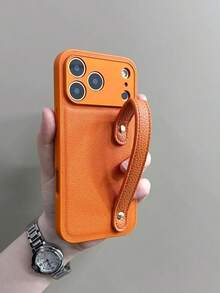 Luxury Lychee Pattern Wristband Phone Case Compatible With IPhone 17 ProMax 17 Pro 17 16 15 14 13 12 11 Pro Max Plus Lady Elegant Soft Back Cover - Orange - View 2
