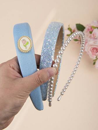 3件套可爱活力发箍套装，郁金香装饰+亮片+珍珠发箍，马卡龙色发饰，适合少女日常佩戴