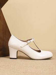 女士优雅时尚T字带圆头粗跟高跟鞋，绿色丝绒玛丽珍高跟鞋，正式鞋履，商务/办公穿着，工作/通勤。 - 白色 - 查看 5