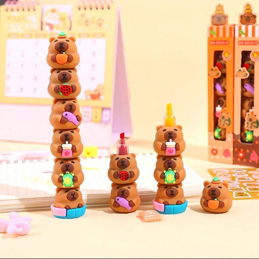 Kit de 6 Cores Mini Marca Texto Formado Capivala Material para Escolar Fofo - Multicolorido - Visão 1