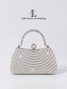 Elegant Fashion Diamond & Pearl Decor Clutch Bag, High-End Formal Evening Dress Party Handbag, Suitable For Wedding, Party, Gala, Diamond & Pearl Women Purse - Silver - View 2