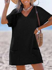 Swimsuit  Coverup For Women Waffle Knit V Neck Short Sleeve Crochet Solid Color Beach Coverup Dress With Pockets - 黑色 - 查看 2