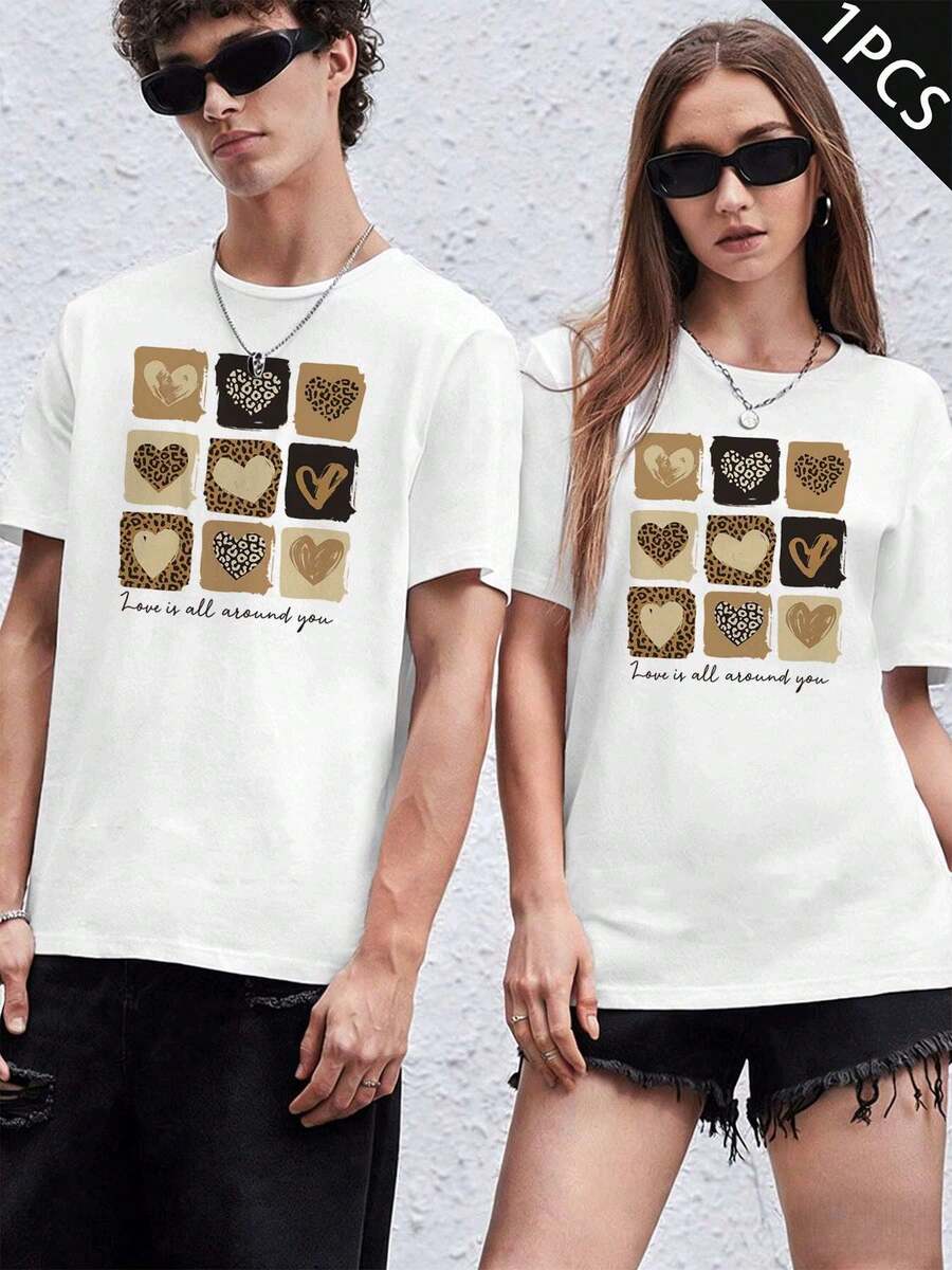 Camiseta a juego con estampado de leopardo y corazón para parejas, algodón premium, ajuste cómodo, transpirable, informal, estampado artístico - MujerBlanco-1PC - Ver 1