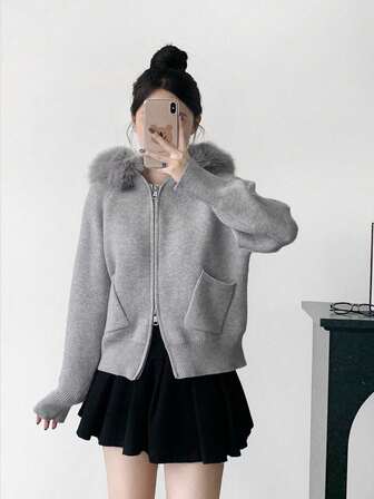 女士拉链针织开衫，带人造毛领和连帽，休闲秋冬上衣