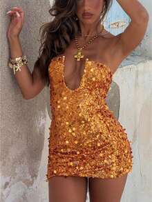 Women Sequin Mini Dress V-Neck Sleeveless Strapless Backless Bodycon Dress Party Club Wear - 黃色 - 查看 1