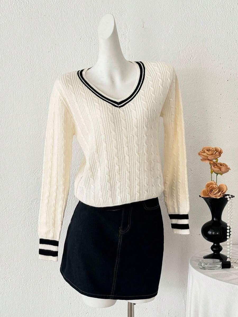 Pumpkin Minimalist Daily V-Neck Cable Knit Sweater, Sweet Collegiate Style, Spring Valentine's Day Party Pullover, Women - Beige - View 1