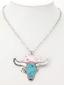 1件欧美嘻哈风格绿松石牛头花朵吊坠项链，女士及母女款 - 項鍊 - 查看 9