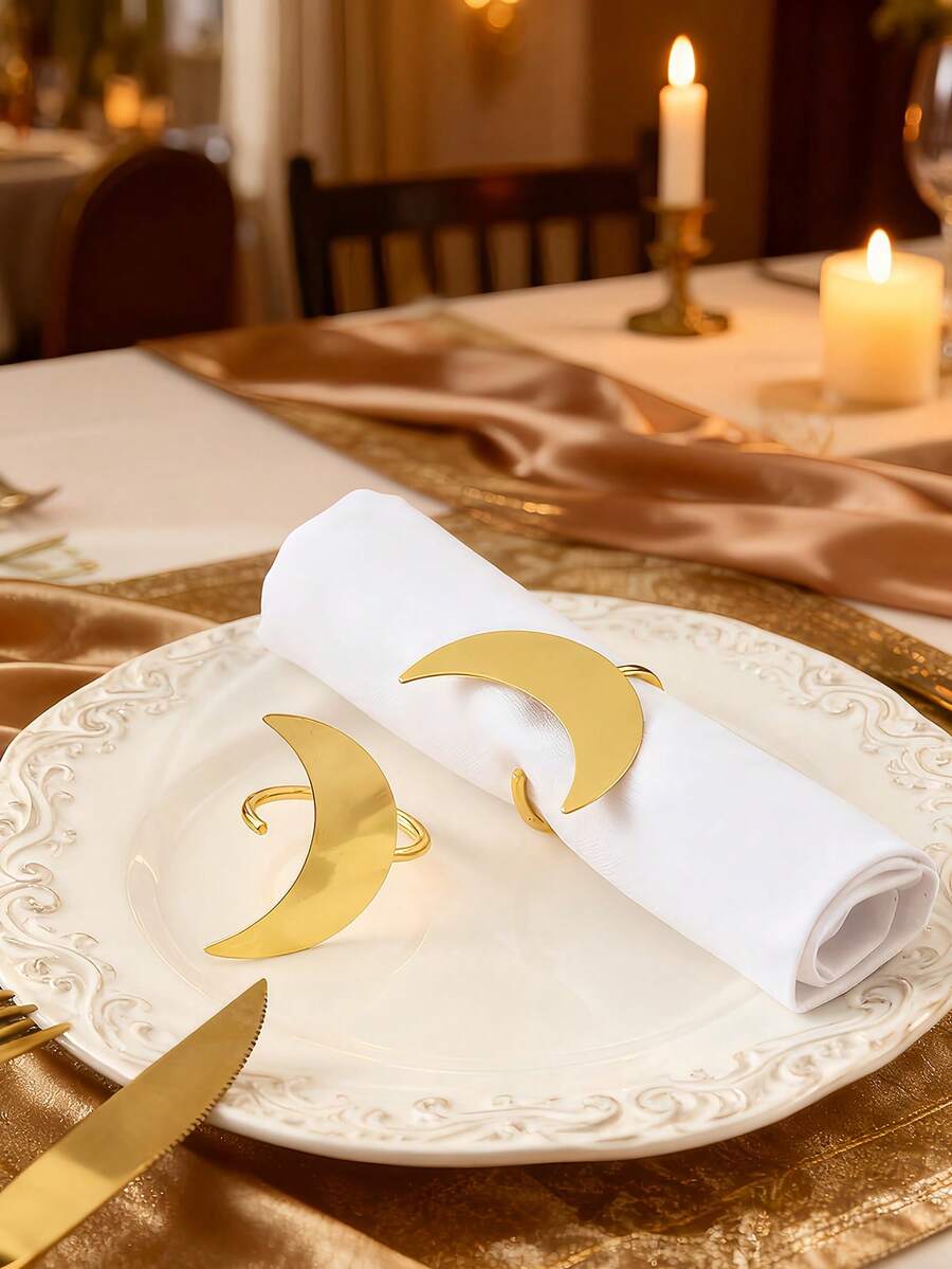 4-12pcs/Set Eid Mubarak Golden Crescent Moon Napkin Rings, Holiday & Daily Home Party Hotel Dining Table Decor