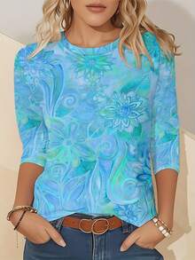Women's Floral Print Long Sleeve T-Shirt - Vibrant Multicolor All-Over Design, Round Neck Casual Top, Machine Washable Spring/Fall Wardrobe Essential, Spring Fashion, Artistic Tee, Comfortable Fit, Print Blouse, Women - Xanh da trời - Xem 5