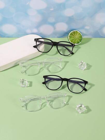 四合一套装，男女童8-14岁聚碳酸酯防蓝光镜片方形镜框时尚眼镜，校园日常阅读套装