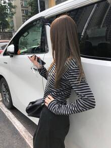 Vintage Striped Fitted Slim Long Sleeve Crew Neck Cropped Top Casual Spring - Grey - View 8