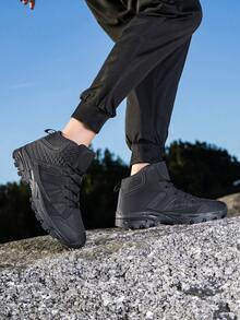 Women's All-Black High-Top Boots, Suitable For Spring, Summer, All Seasons, High-Top Wear-Resistant Anti-Slip Training Casual Hiking Shoes, Lace-Up Design - PU And Fabric Upper, Fabric Lining, Suitable For Outdoor Adventure, Hiking, Trekking - Black - View 5