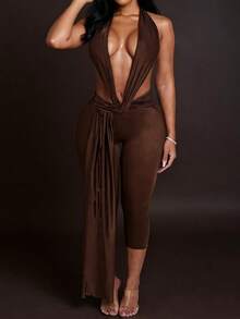 Club Outfits For Women Stretchy Halter Deep V Neck Sleeveless Lingerie Bodycon Jumpsuit Y2K One Piece Club Party Romper - màu nâu - Xem 7