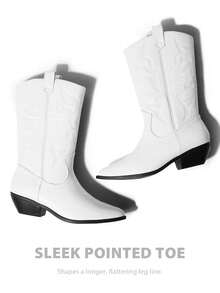 White Faux Leather Women's Embroidered Cowgirl Boots For Outdoor Music Festival Black White Brown Mid-Calf Pull-On Block Heel - trắng - Xem 5