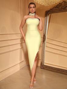 Love Aing 女士性感奢华闪亮仿珍珠水钻纯色派对性感时尚优雅无肩带露背开衩正式晚礼服，适合派对、盛会、新年、约会、单身派对、聚会、舞会、毕业典礼、正式场合、婚礼等春季场合。 - 黃色 - 查看 7