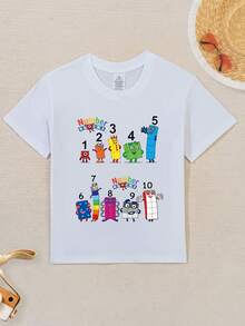 Boys' Clothing Autumn And Summer Casual Short Sleeved -1 To 10 Digital Building Block Cartoon Image - Printed Pattern Design Round Neck T-Shirt, Boys' Children's Clothing Pullover, 180g Polyester Soft Fabric, Local Warehouse, Suitable For Children's Vacation, Party, Outdoor, Travel Wear - trắng - Xem 2