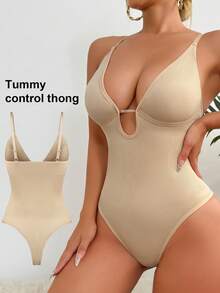1pc Women Seamless Waist Cincher, Lace Trim Bodysuit, Shapewear By MOVWIN - Apricot - View 5