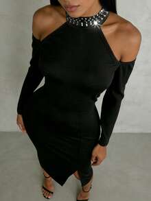 Solid Color Elegant Party Slit Rhinestone Embellished Dress, Suitable For Evening Date, Office Wear - Black - View 1