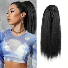 Yaki Claw Clip Hair Extensions Synthetic Kinky Straight Hair Extensions Ponytail Black Fluffy Thick Ponytails - Multicolor - View 14