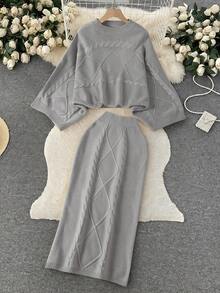 两件套女士时尚休闲蝙蝠袖毛衣和修身半裙套装，优雅女士秋冬装 - 灰色 - 查看 1