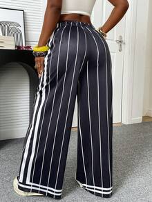 女士宽松条纹阔腿裤，休闲直筒裤，时尚街头风，适合春夏穿着 - 黑與白 - 查看 3