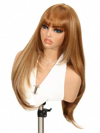 1. 黑色刘海假发，长直层次假发，夹式，渐变棕色长直层次假发带刘海，混合棕色，夹式，无胶合成假发，28英寸长直合成假发，适合女性日常佩戴