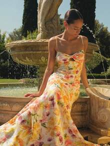 Fashionable Vacation Style Random Print Spaghetti Strap Hollow Out Twist Back Dress - White - View 4