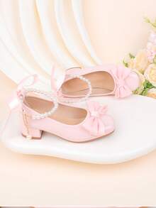女童时尚粉色简约蝴蝶结珍珠装饰粗跟礼服鞋，适合正式场合、派对、婚礼、演出、芭蕾舞、公主风，舒适经典百搭，适合幼儿、小女孩和大女孩。 - 粉色 - 查看 7