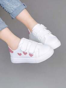 1 Pair Unisex New Style PU Hook And Loop Design Low-Top Sneakers, Soft Sole Non-Slip Infant Casual Toddler Shoes, Fashion Versatile Children Canvas Shoes, Suitable For All Seasons - White - View 3