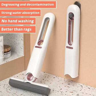1个便携式迷你清洁拖把，自拧式挤压拖把，迷你清洁拖把，汽车清洁拖把，采用可伸缩紧凑的节省空间设计，免手持强力吸水干湿两用清洁，手动，自清洁，多功能，适用于浴室、厨房、书桌、桌面、家具等。
