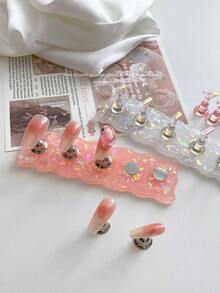 1 Set Aurora Nail Art Decoration, Japanese Style Nail Glitter Powder, Rhinestone, Nail Practice Base, Nail Art Photography Display Props, Nail Art White & Pink Base With Alloy Resin Aurora Flag Nail Practice Holder