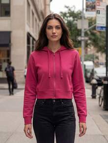 DEVIT - Sudadera con Capucha Crop Recortada de Mujer, Cremallera Frontal Completa y Cordones, Manga Larga, Casual, Moda Deportiva, Ajuste Holgado, Invierno, Otoño, Colores Negro, Oxford, Camel, Fiusha, Verde Militar y Lila. - Rosa Fucsia - Ver 3