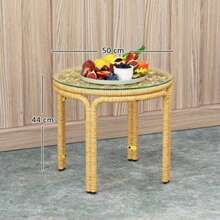 Outsunny Round Polyrattan Side Table With Glass Tabletop, Bedside Table, Garden Table, Garden Furniture, Coffee Table, Sofa Table For Living Room, Garden, Patio, Balcony, Ø50 Cm, Yellow - Brown - View 2