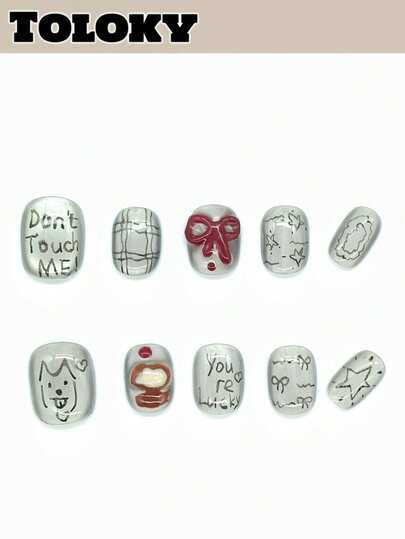 10pcs Handmade Square Nail Stickers, Short Silver, Cute Patterns Like Bow, Dog, Cat, Star, Suitable For Women & Girls To Wear On Parties, Travels, Daily Occasions, Summer Nails, Travel, Vacation, Music Festival Nail Supplies