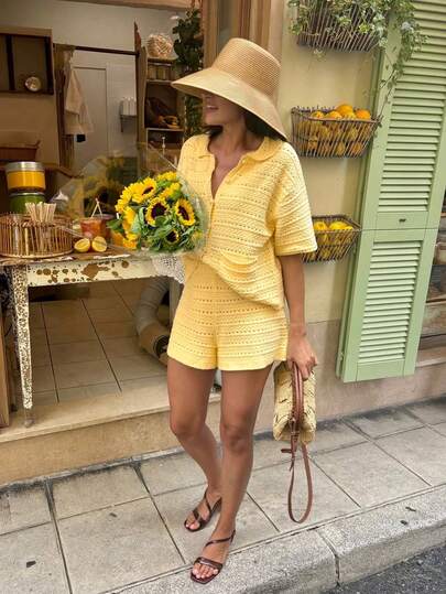 Vacation Essential Knit Set: Women's Textured Hollow Out Short Sleeve Cardigan With Polo Collar, Fabric Buttons And Pockets, Paired With Loose Elastic Waist Shorts. Fashionable And Comfortable Vacation 2 Pieces Set. Summer