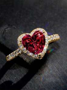 1pc Cubic Zirconia Embedded Charm Ring, Suitable For Women As Valentine's Day Gift, Wedding Anniversary Gift Or Party Accessory - Gold + Red - View 12