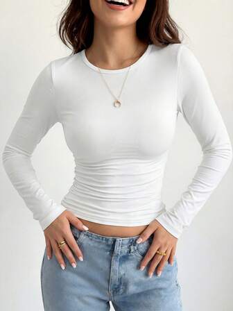Camiseta casual de manga larga, de corte slim y cuello redondo para mujer