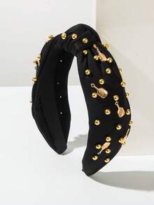 1pc Fashionable Korean Style Sports Headband, Minimalist Black & White Solid Color Fabric Wide Knotted Beaded Ping Pong Racket Decor Hair Accessory,Travel,Birthday - Black Ping Pong Paddle - View 4